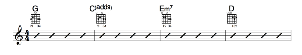 G, Cadd9, D, and Em7